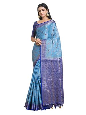 Turquoise woven art silk saree with blouse 2
