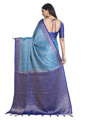 Turquoise woven art silk saree with blouse 5