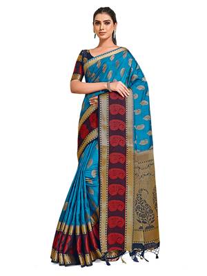 Blue woven art silk saree with blouse 1