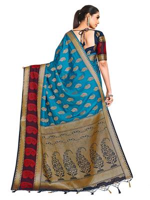 Blue woven art silk saree with blouse 4