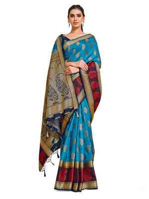 Blue woven art silk saree with blouse 5