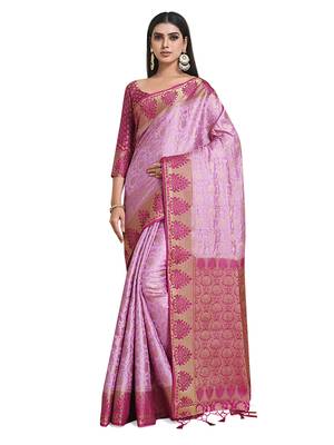 Pink woven art silk saree with blouse 2