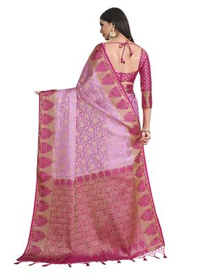Pink woven art silk saree with blouse 5
