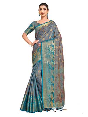 Turquoise woven art silk saree with blouse 1