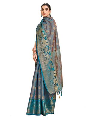 Turquoise woven art silk saree with blouse 5