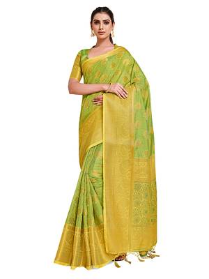 Yellow woven art silk saree with blouse 1