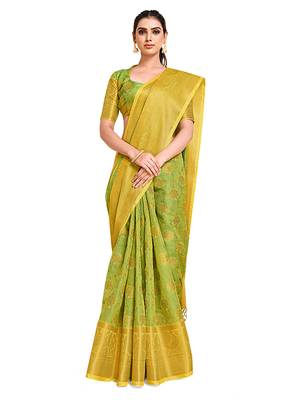 Yellow woven art silk saree with blouse 4