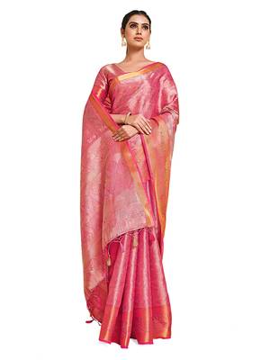 Pink woven art silk saree with blouse 1