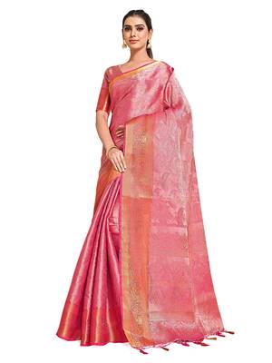 Pink woven art silk saree with blouse 4