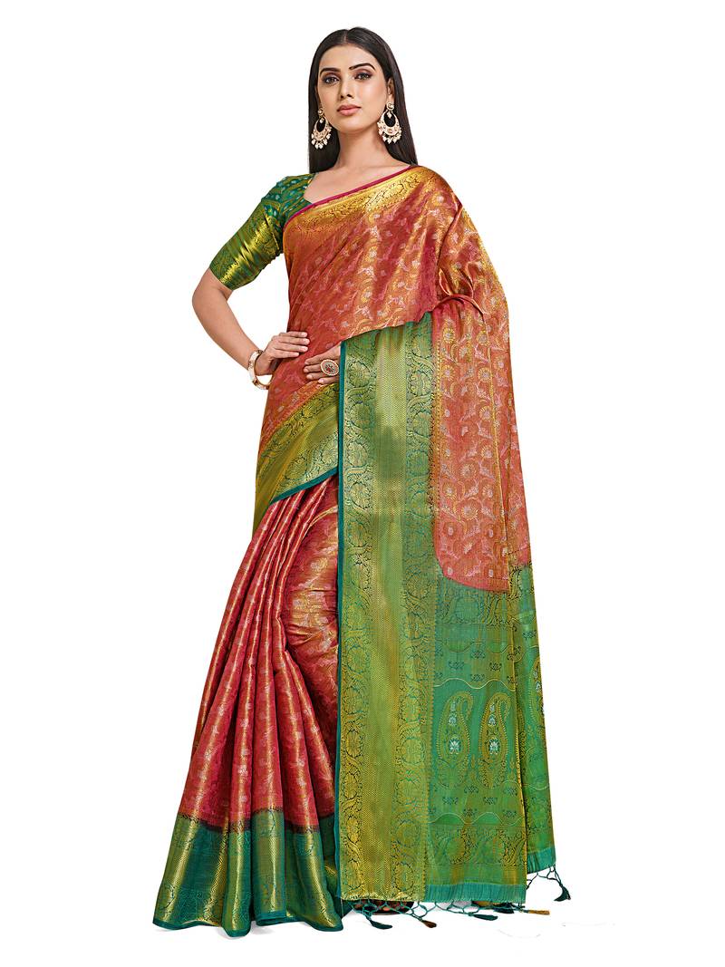 Pink woven art silk saree with blouse