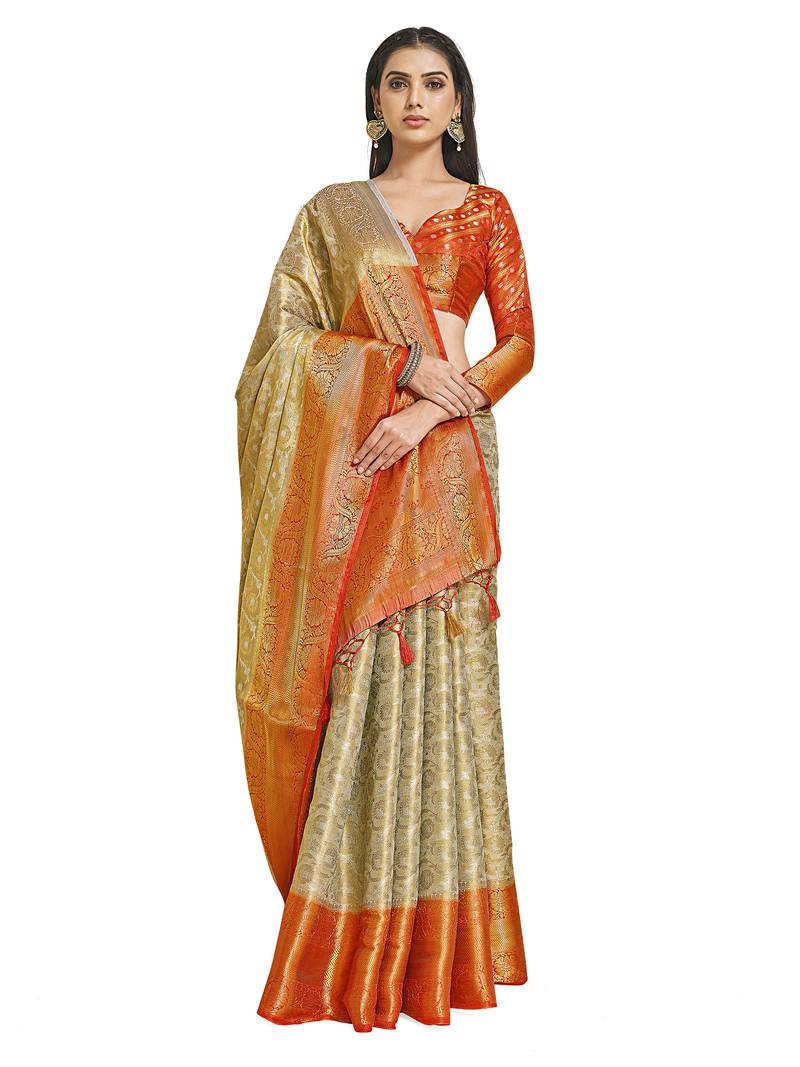 Off white woven art silk saree with blouse