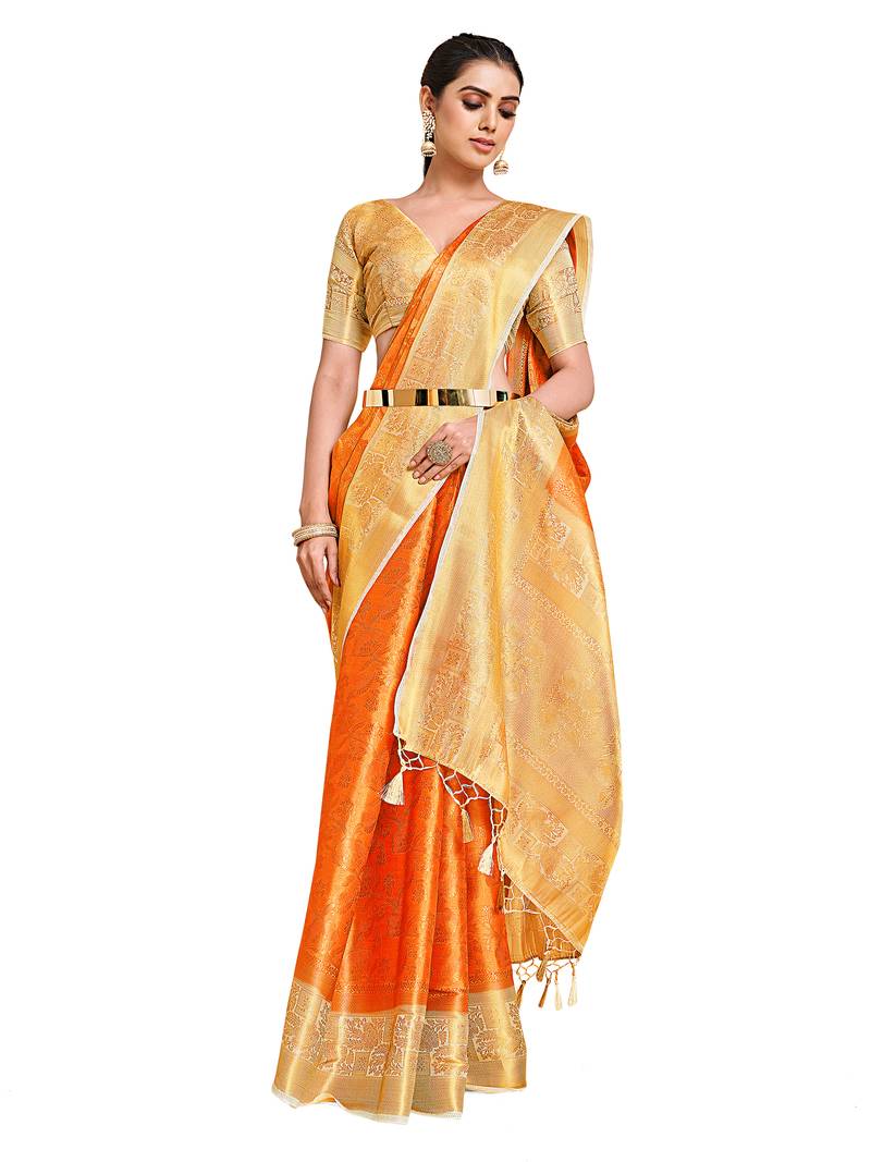 Orange woven art silk saree with blouse