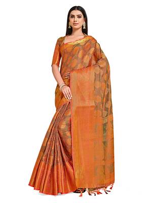 Orange woven art silk saree with blouse 4