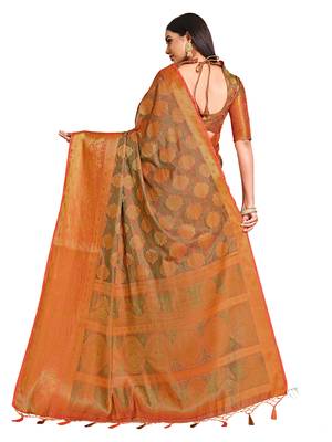 Orange woven art silk saree with blouse 5