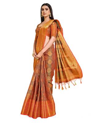 Orange woven art silk saree with blouse 1
