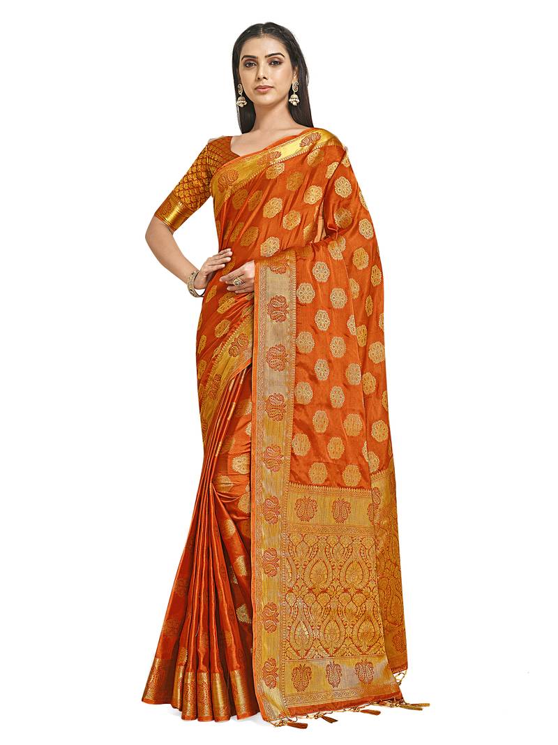 Red woven crepe saree with blouse