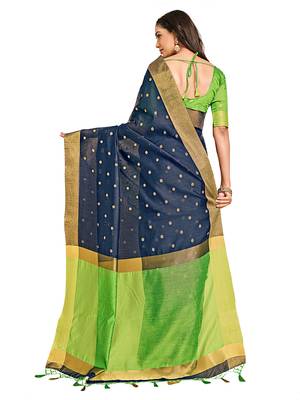 Navy blue woven art silk saree with blouse 5