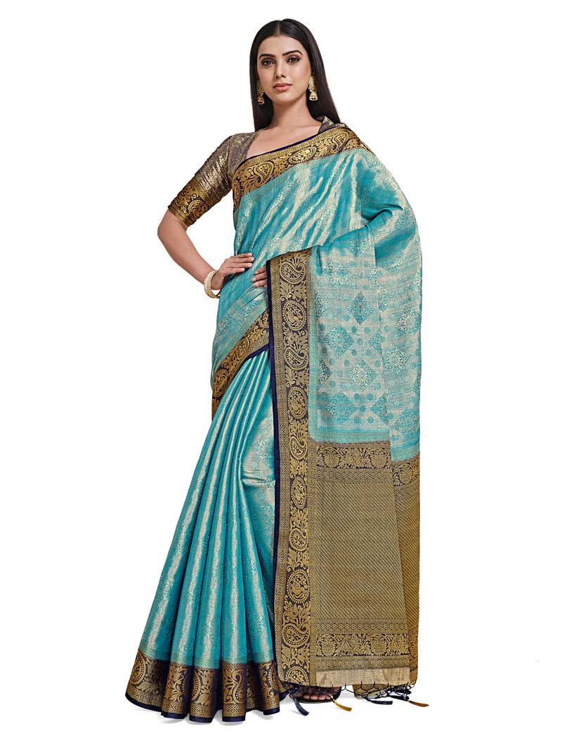Turquoise woven art silk saree with blouse