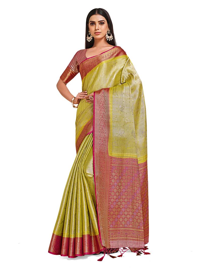 Green woven art silk saree with blouse