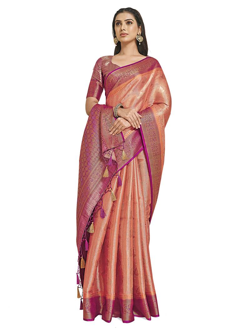 Orange woven art silk saree with blouse