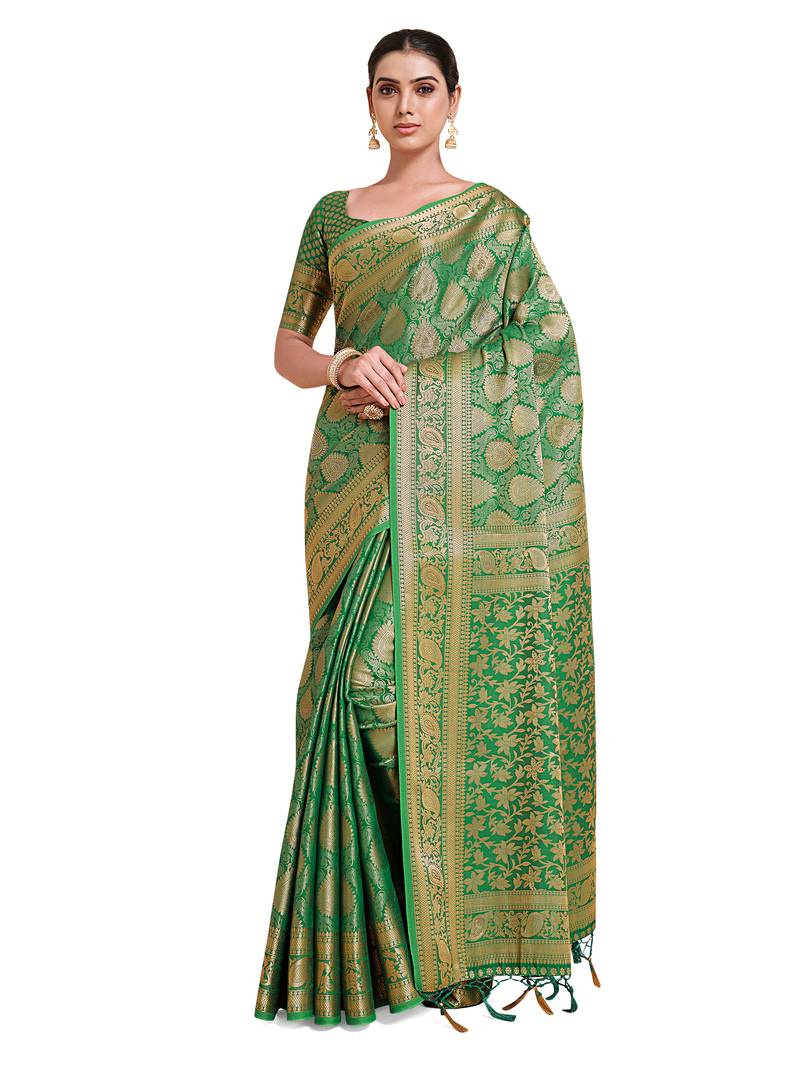 Green woven art silk saree with blouse