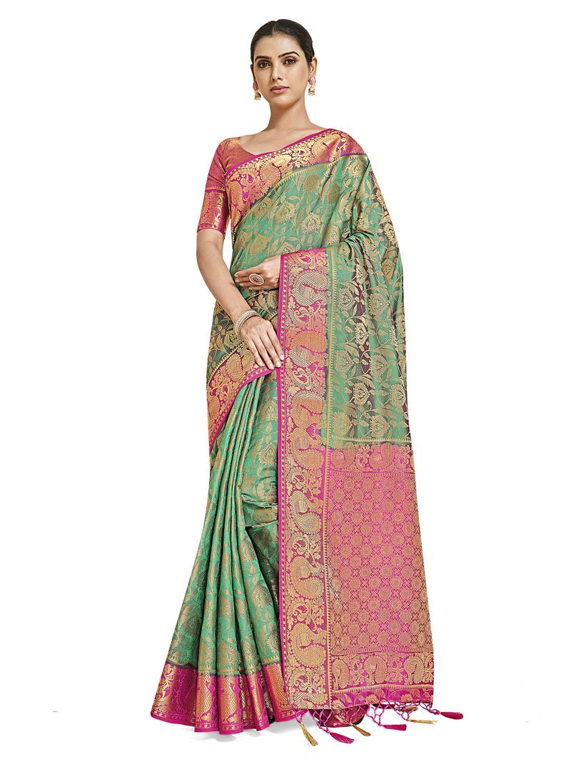 Green woven art silk saree with blouse