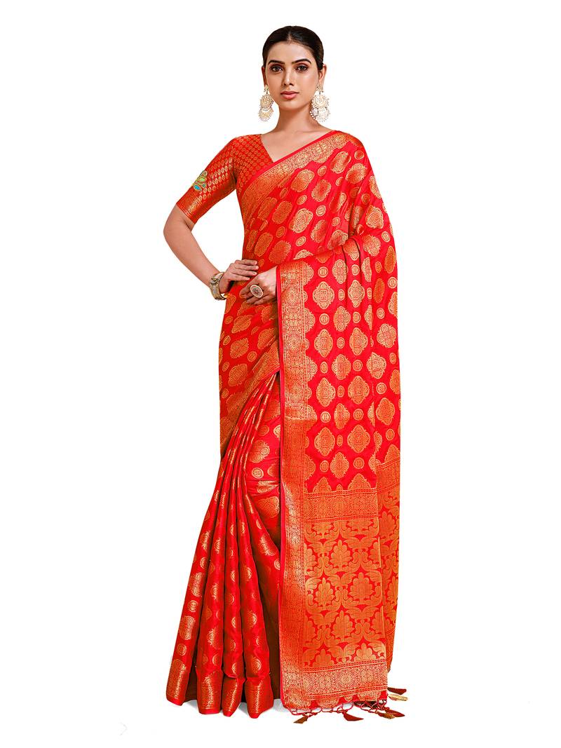 Red woven crepe saree with blouse