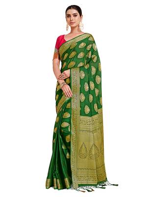 Green woven crepe saree with blouse 4