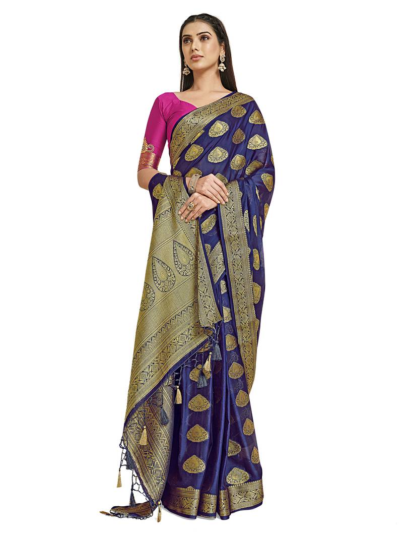 Navy blue woven crepe saree with blouse
