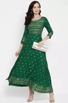 Green printed rayon kurtas-and-kurtis