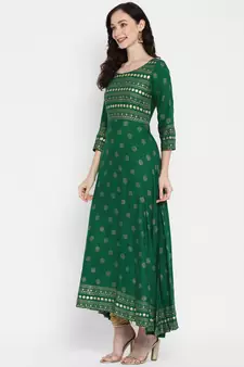 Green printed rayon kurtas-and-kurtis