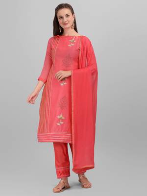 Coral Pink Chanderi Embroidered & Stone Work Dress Material 1