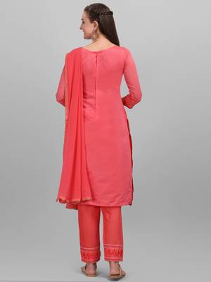 Coral Pink Chanderi Embroidered & Stone Work Dress Material 2