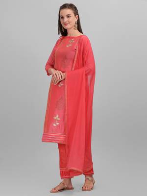 Coral Pink Chanderi Embroidered & Stone Work Dress Material 3