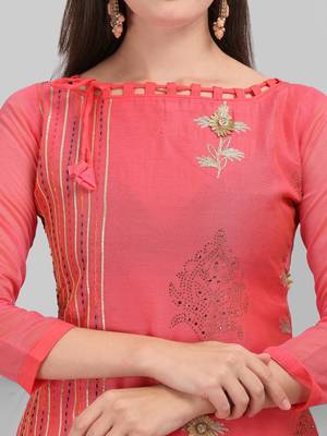 Coral Pink Chanderi Embroidered & Stone Work Dress Material 4