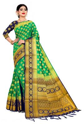 Woven Banarasi Silk Blend, Cotton Silk green color chokda pattern Saree with blouse 1