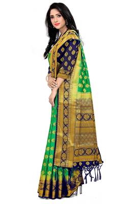 Woven Banarasi Silk Blend, Cotton Silk green color chokda pattern Saree with blouse 2