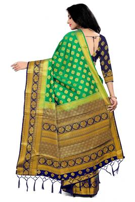 Woven Banarasi Silk Blend, Cotton Silk green color chokda pattern Saree with blouse 3
