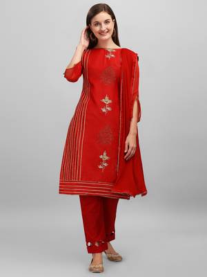 Red Chanderi Embroidered & Stone Work Dress Material 1