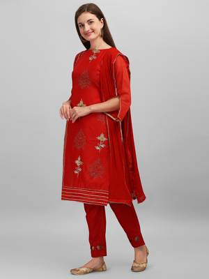 Red Chanderi Embroidered & Stone Work Dress Material 3