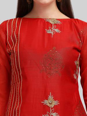 Red Chanderi Embroidered & Stone Work Dress Material 4