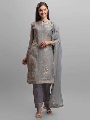 Grey Chanderi Embroidered & Stone Work Dress Material 1