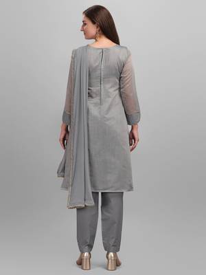 Grey Chanderi Embroidered & Stone Work Dress Material 2