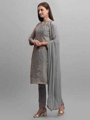 Grey Chanderi Embroidered & Stone Work Dress Material 3