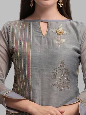 Grey Chanderi Embroidered & Stone Work Dress Material 4