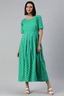Green woven cotton short-dresses