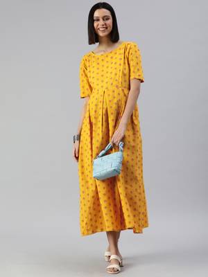 Yellow woven cotton short-dresses 4
