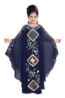 Navy Blue Georgette Hand Embroidered Zari Work Kids Kaftans Party Wear Dresses 1