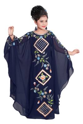 Navy Blue Georgette Hand Embroidered Zari Work Kids Kaftans Party Wear Dresses 2