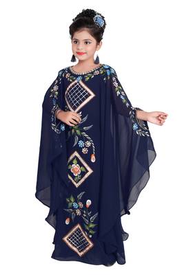 Navy Blue Georgette Hand Embroidered Zari Work Kids Kaftans Party Wear Dresses 3